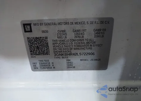 2020 Chevrolet Blazer Awd 2Lt из США, поврежденный, VIN 3GNKBHR42LS722906